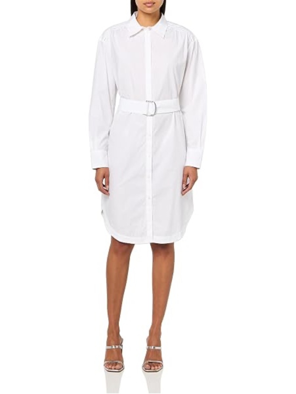 🆕 Boss White Long-Sleeve D-Ring Belt Poplin Button-Down Cotton Shirt Dress 0